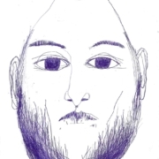 männlicher Kopf mit Vollbart und sehr großen Augen und goldenem Punkt