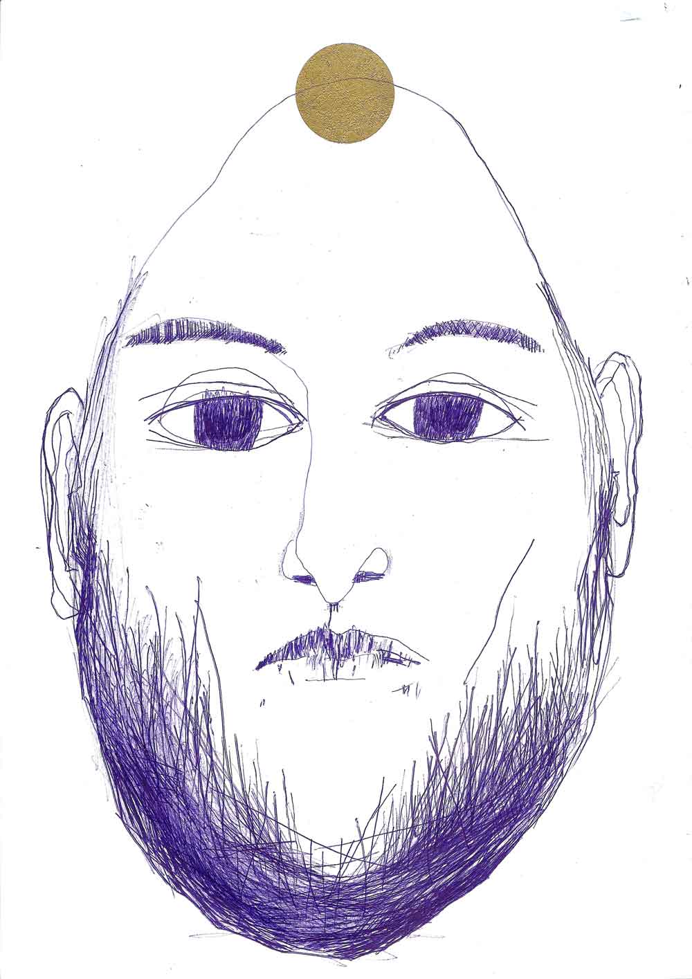 männlicher Kopf mit Vollbart und sehr großen Augen und goldenem Punkt