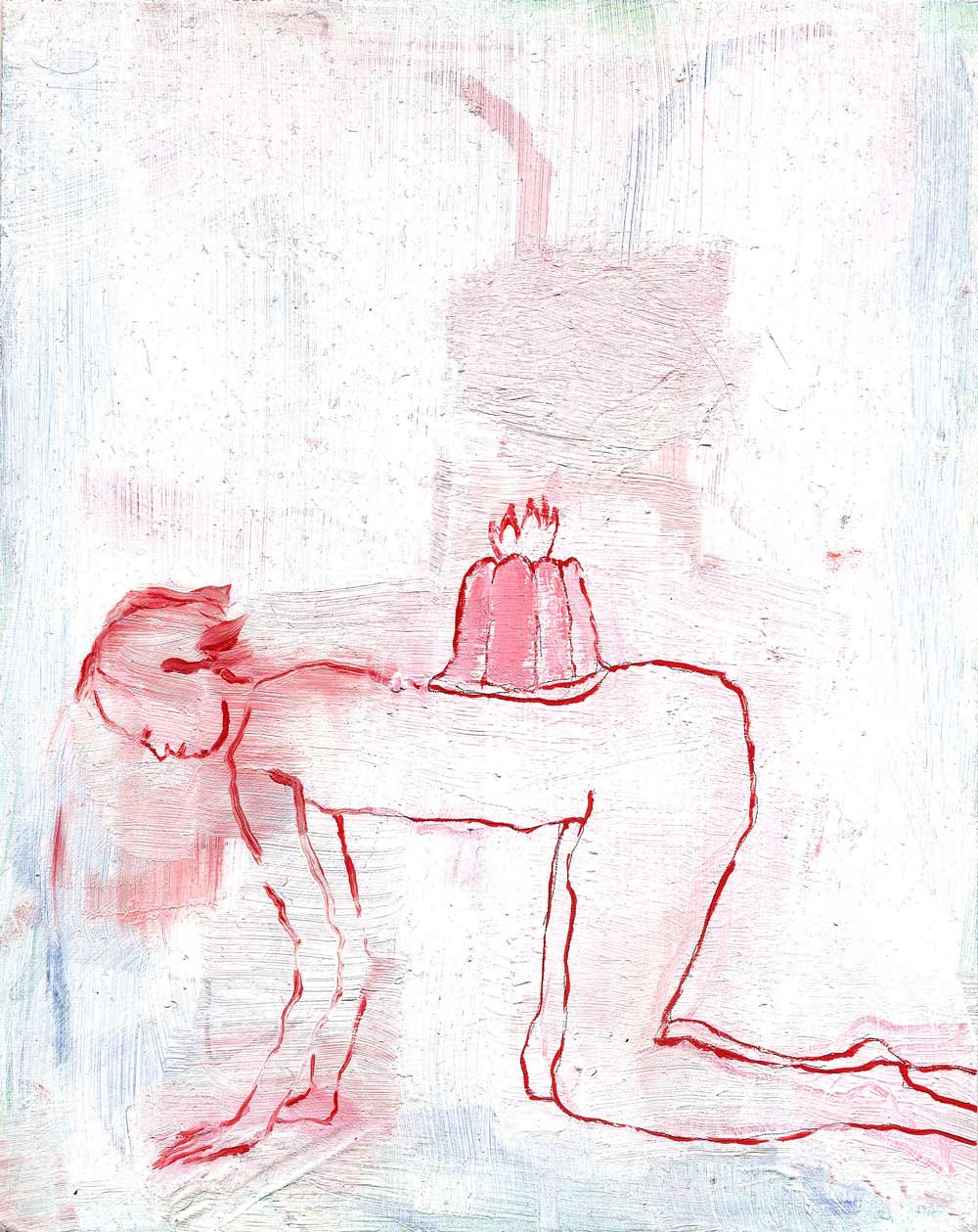 weibliche Figur im Vierfüßlerstand mit Kuchen auf dem Rücken, rot weiß