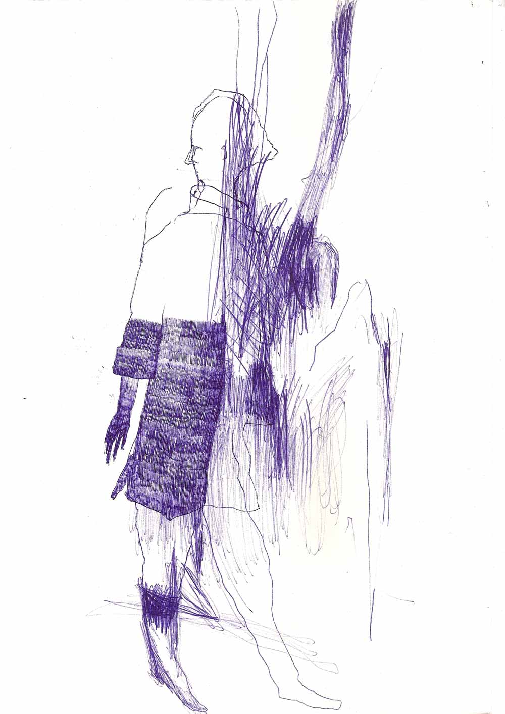 blaue Figur in Schraffur mit Mantel und einem Stiefel