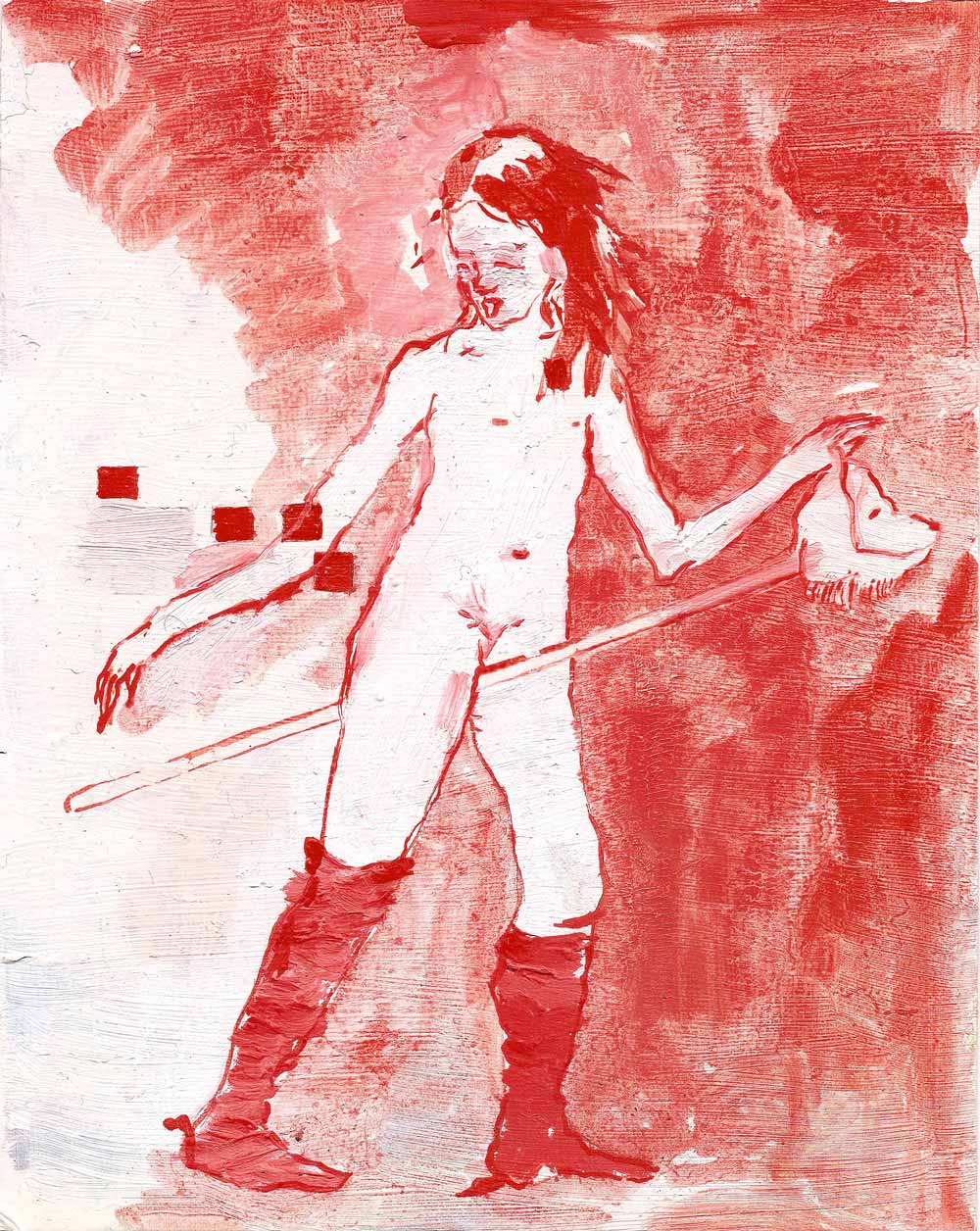 Stechende nackte weibliche Figur mit einem Steckenpferd. Rot weiss.