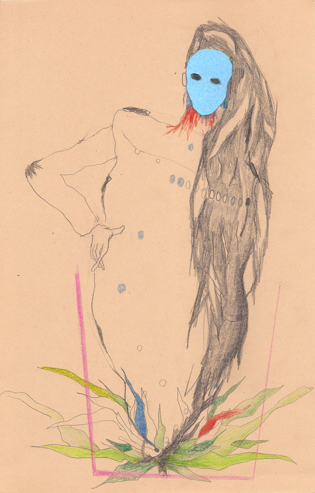 weibliche Figur mit blauer Maske und langen wildem Haar entwächst aus einer Pflanze