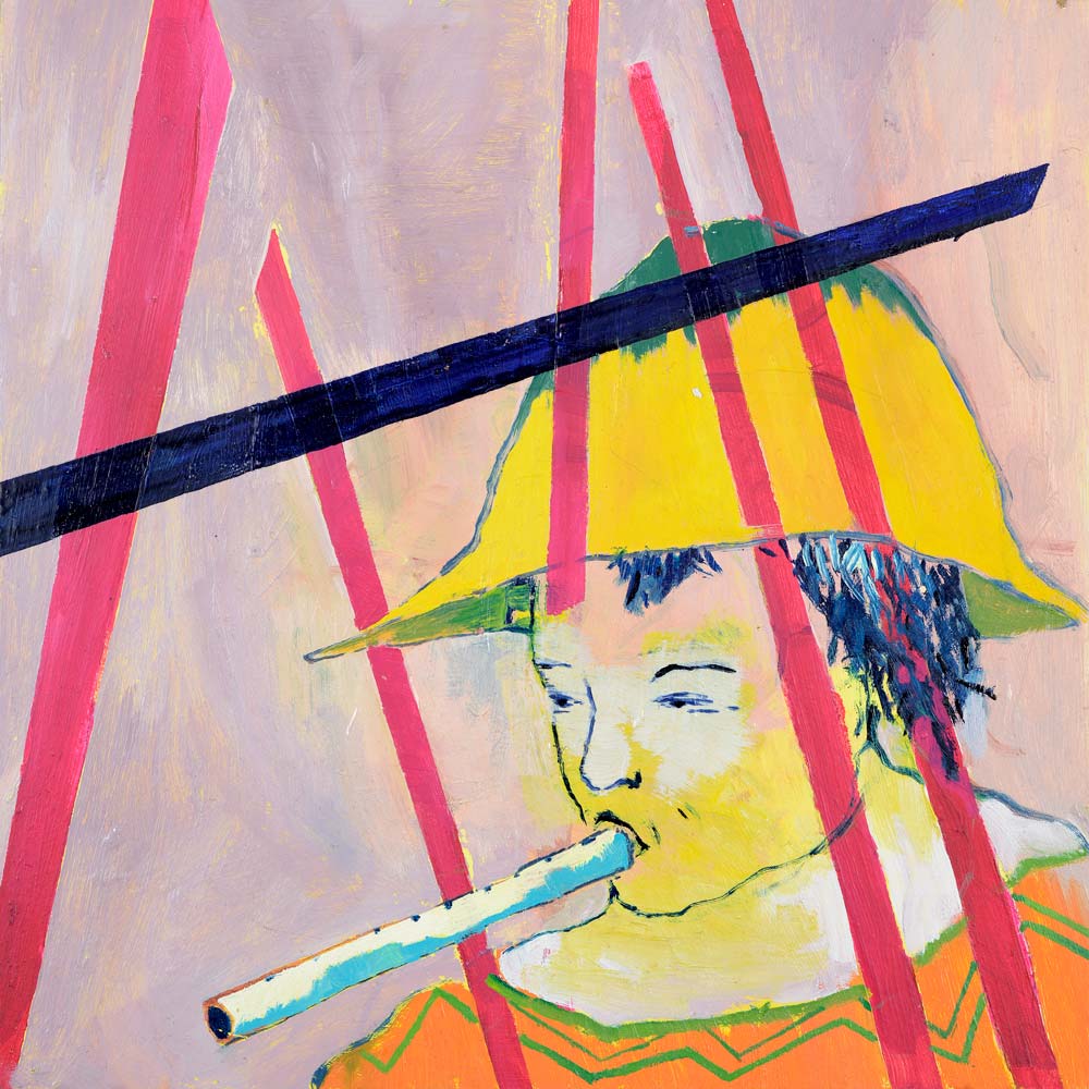 Junge mit gelbem Hut, blauem Haar und Flöte, Hintergrund rosaviolett