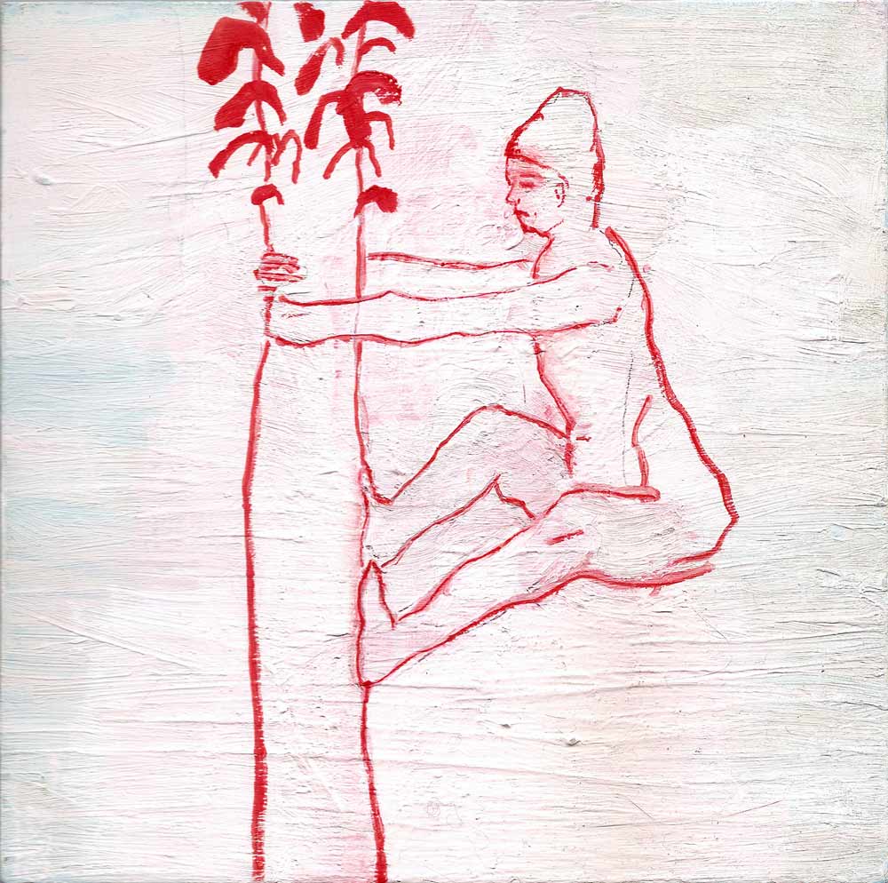 Figur klettert an einer Palme hoch, in rot und weiß