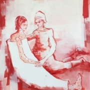 zwei Figuren, Kranke mit Pflegerin, in rot und weiß