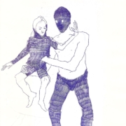 Mann mit blauer Maske trägt Mädchen auf dem Arm