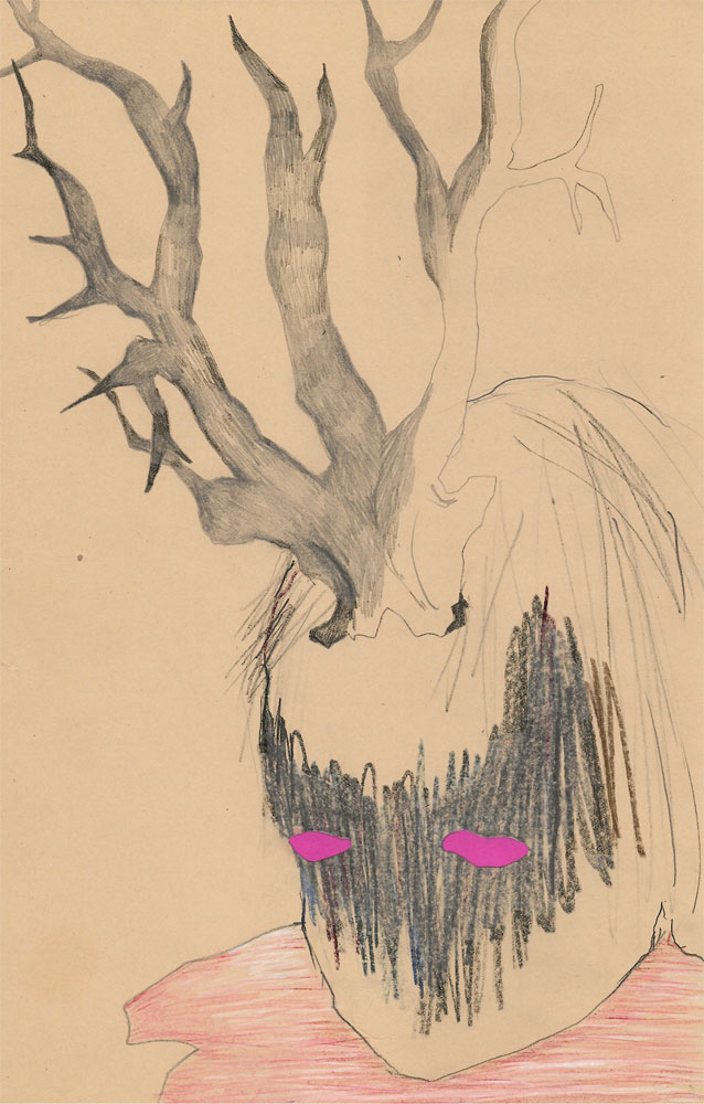 Bleistiftzeichnung, Kopf mit Geweih, Augen pink