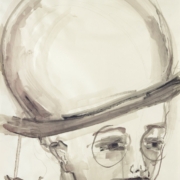 Portrait Junge mit Melone und großer Brille in Brauntönen