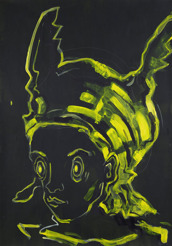 Portrait mit Flügelhaube in gelb auf schwarzem Grund