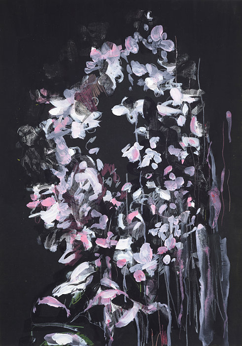 rosa und weiße Tupfen auf schwarzem Grund, ergeben eine Blüte