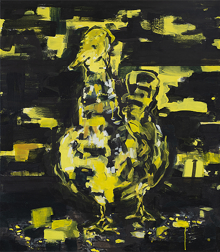 gelb-schwarze Ente vor gelb-schwarzem Hintergrund