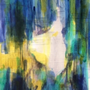 abstrakt, weißes Form in der Mitte, außen gelb, blau und grün