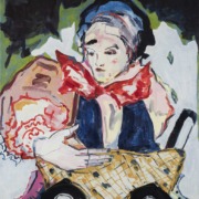 Frau mit Kinderkutsche im Arm