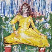 Frau in gelbem Kleid und roten Stiefeln